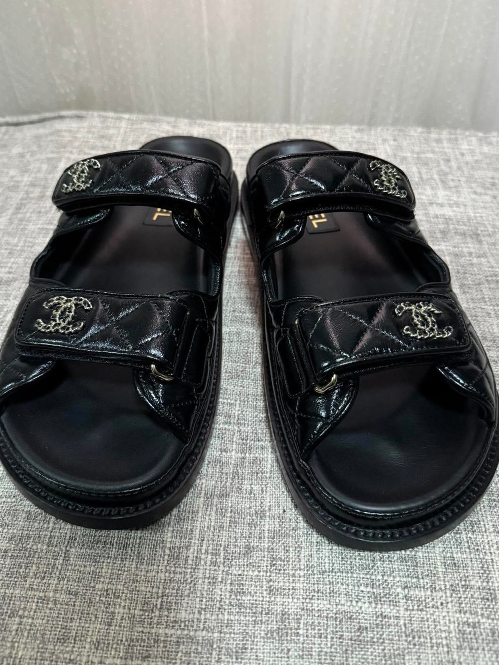 CHANEL Black Quilted Leather Double-Strap Men’s Slide Sandals